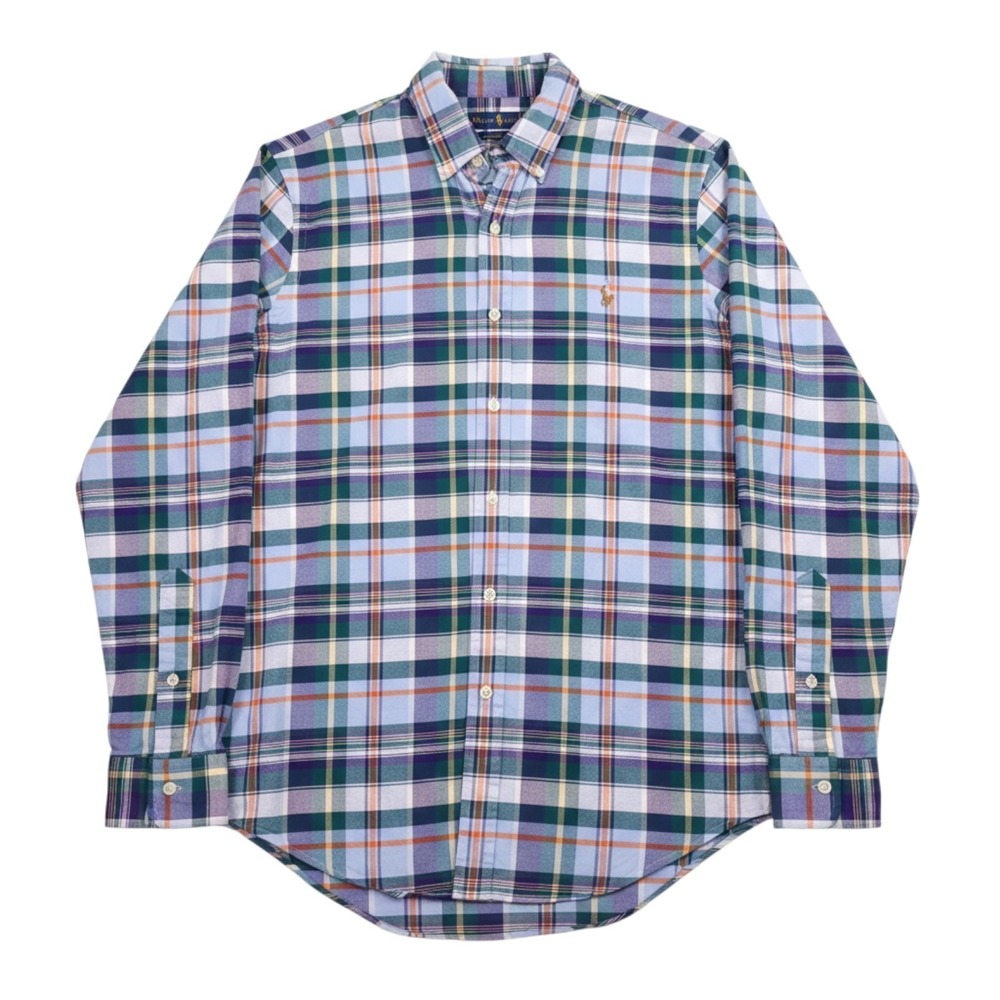 Polo Ralph Lauren Oxford Shirt Mens Medium Blue Plaid Slim Fit Stretch Button